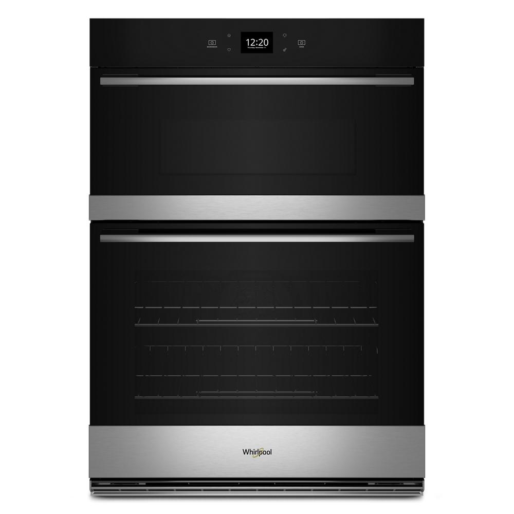 modern black and stainless steel combo wall oven with digital clock for kitchen appliances and home improvement
