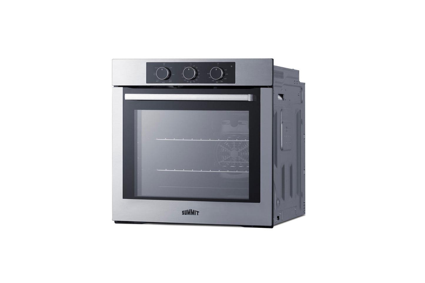 Stainless steel 24-inch electric wall oven with three control knobs and two interior racks from wall ovens collection