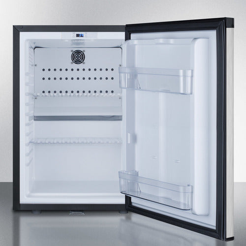 Open compact minibar with adjustable shelves, clear door bins, and black cabinet in mini refrigerators collection