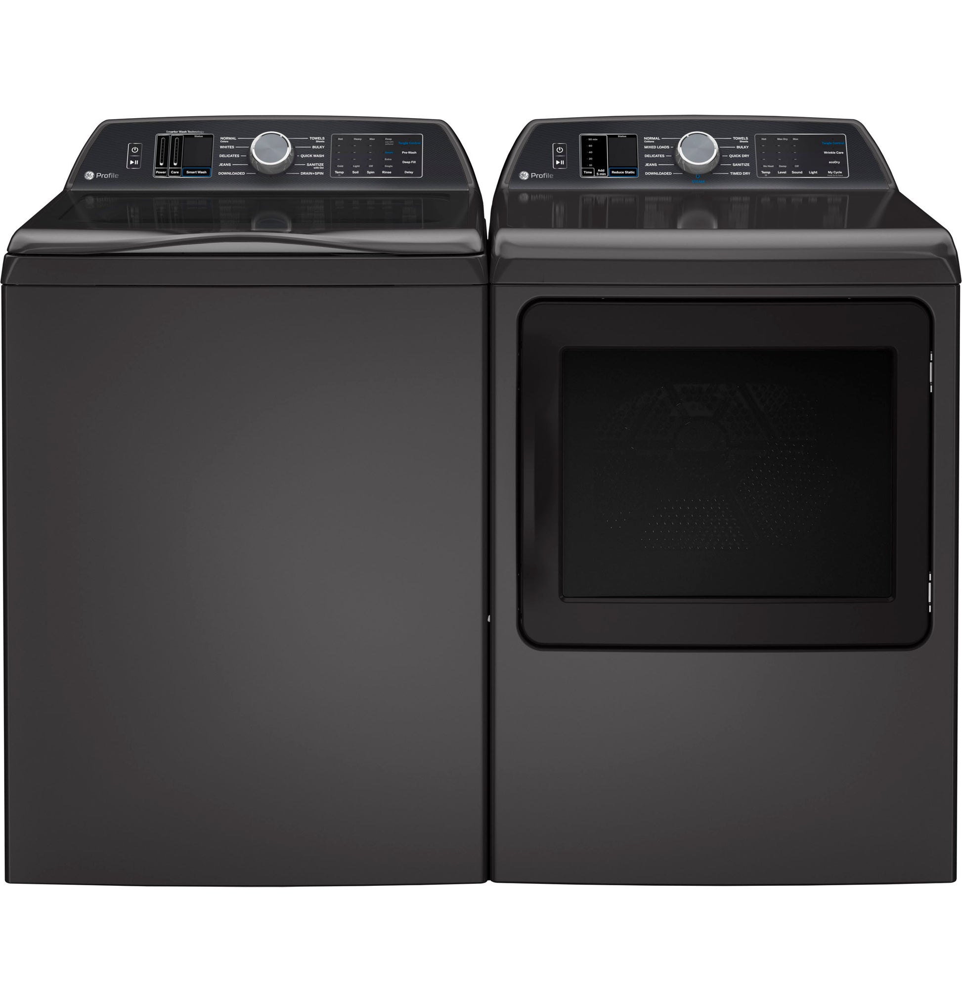 Pair of black top load washer and matching electric dryer with digital controls in washers and dryers collection