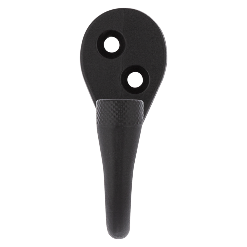 Matte black knurled hook with two mounting holes for durable home storage and organization under $50