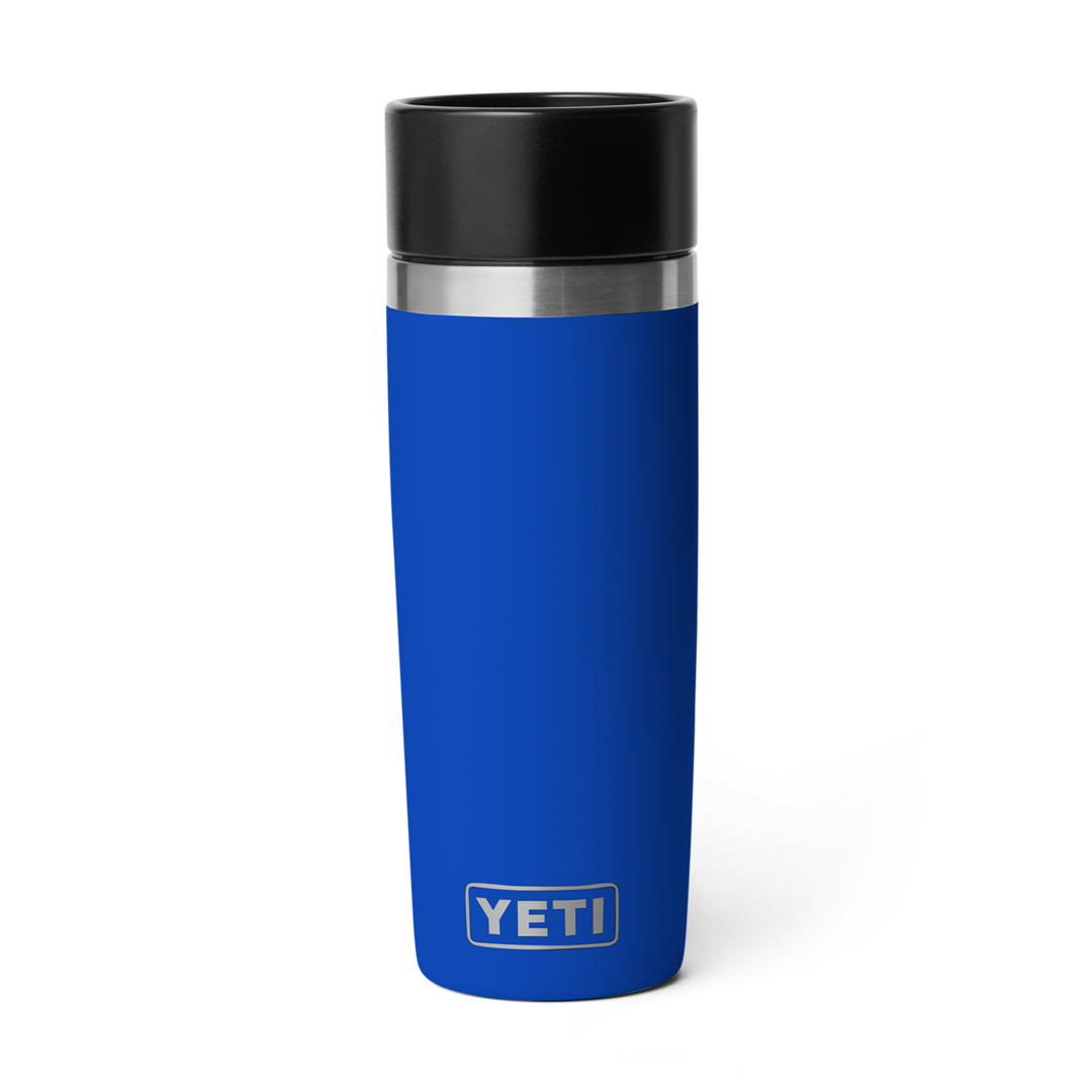 Blue insulated 16 oz travel bottle with stainless steel band and black lid in drinkware and kitchenware collections