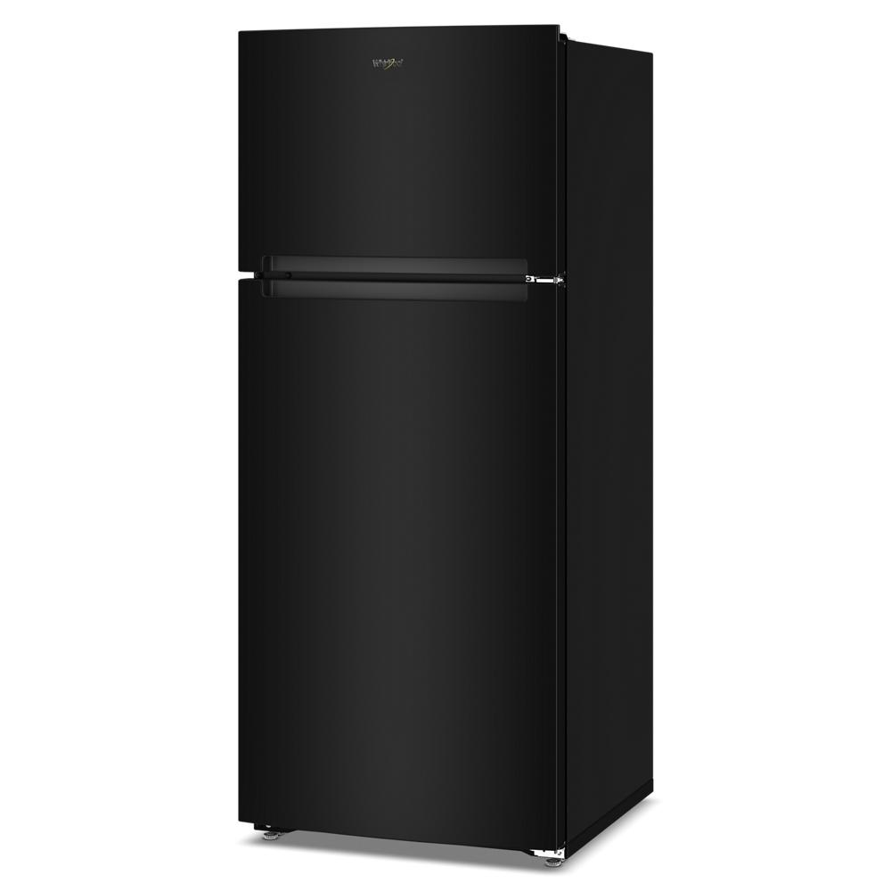 Black Whirlpool top freezer refrigerator with smooth finish and horizontal handles, part of Refrigerators, Top Freezer Refrigerators, and Kitchen & Kitchenware at Hartville Hardware.