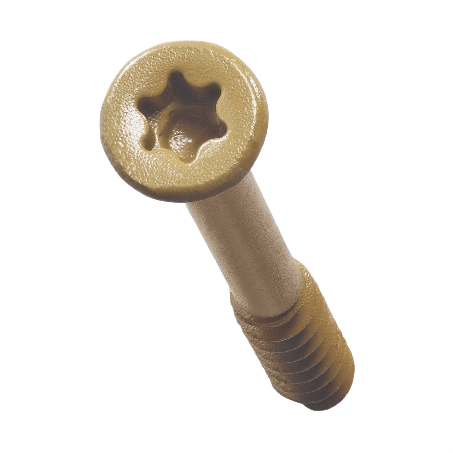 Close-up of a bronze-colored exterior wood screw with a star-shaped drive for home improvement projects