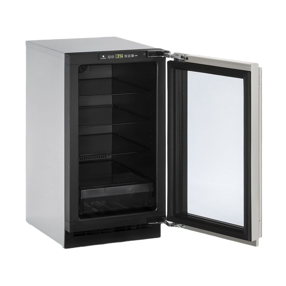 18-inch stainless steel refrigerator with reversible hinge, glass door, digital controls, and adjustable shelves in appliances collection