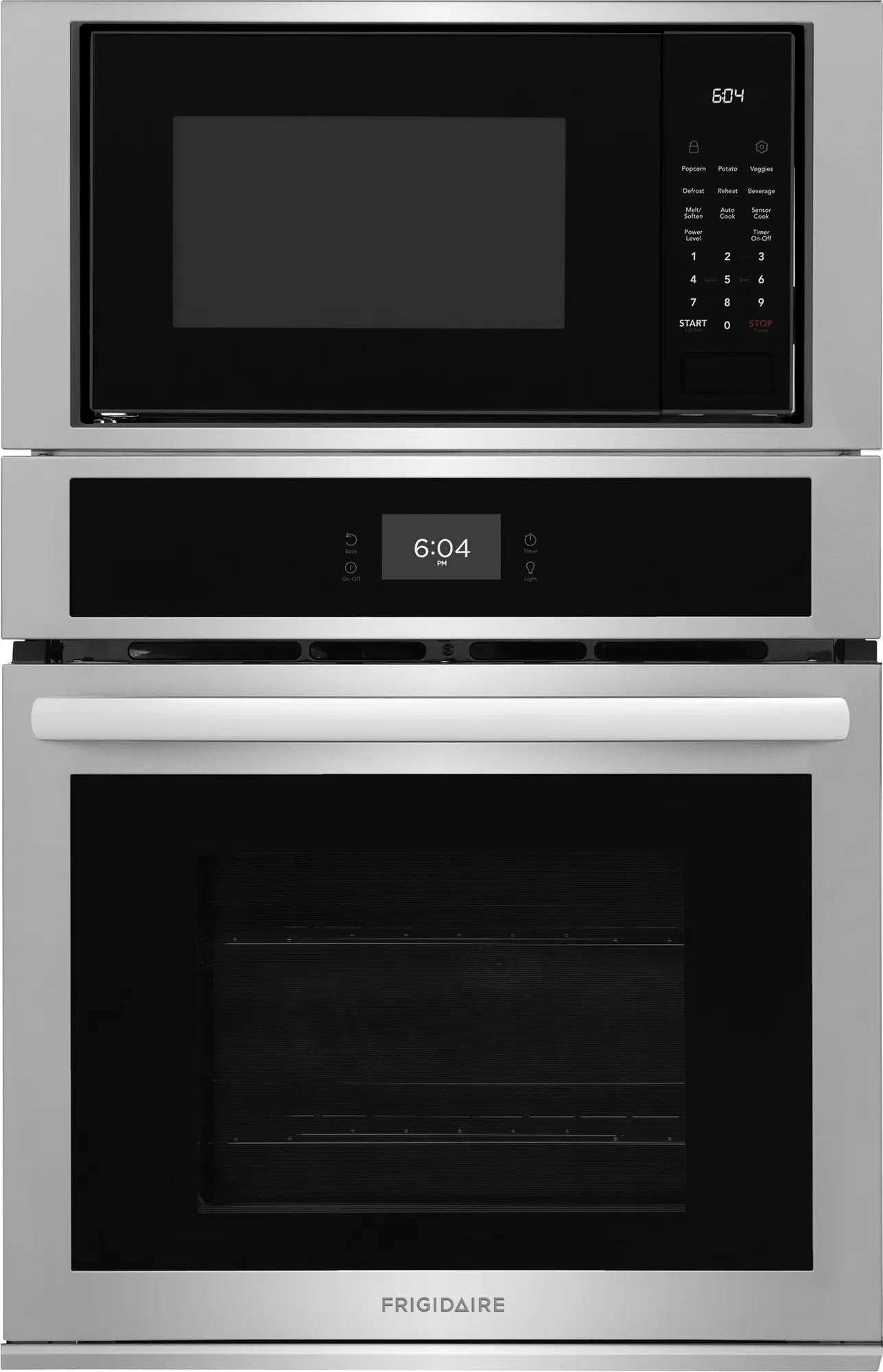 Stainless steel 27-inch built-in oven and microwave combination with digital displays in kitchen appliance collection
