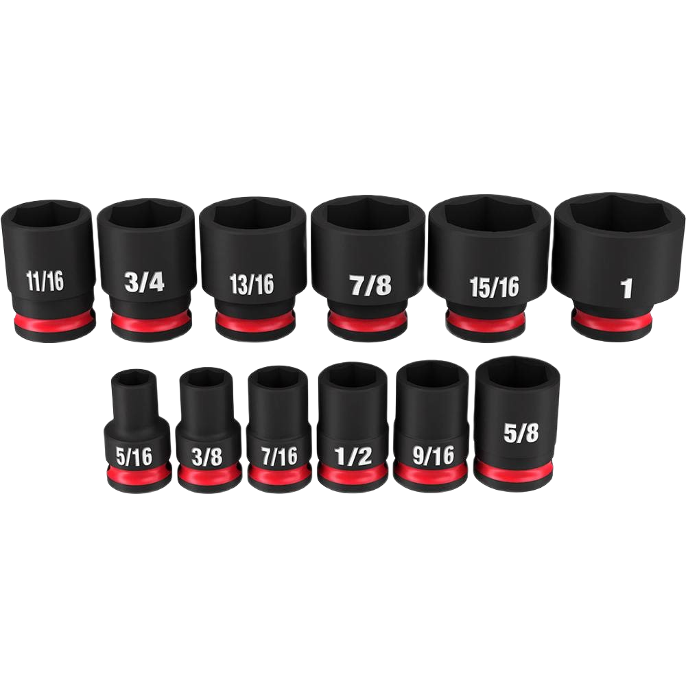 Set of twelve black impact sockets with red rings and white size markings for tools and home improvement tasks