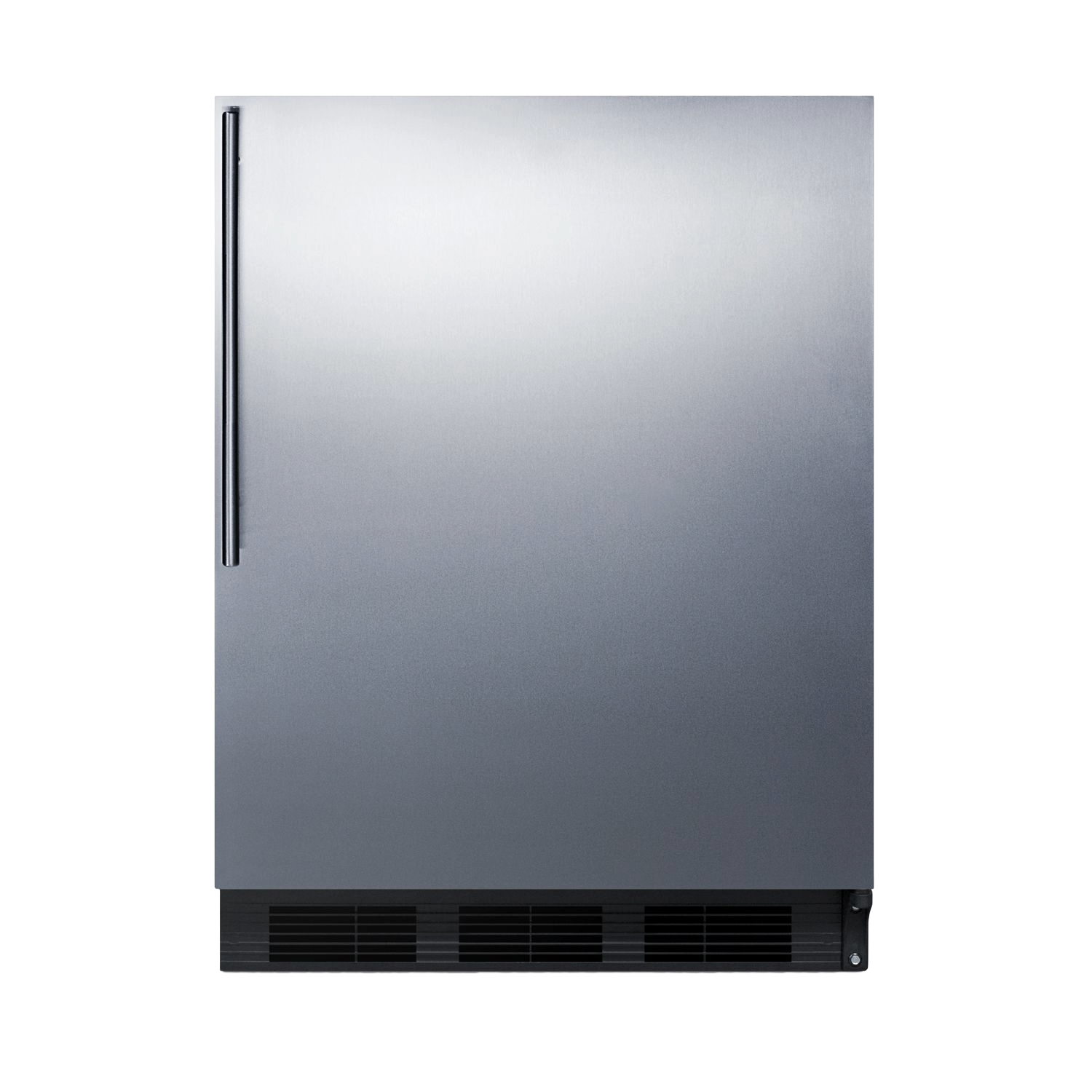Front view of a stainless steel 24-inch wide all-refrigerator with vertical handle and vented base panel in appliance collection