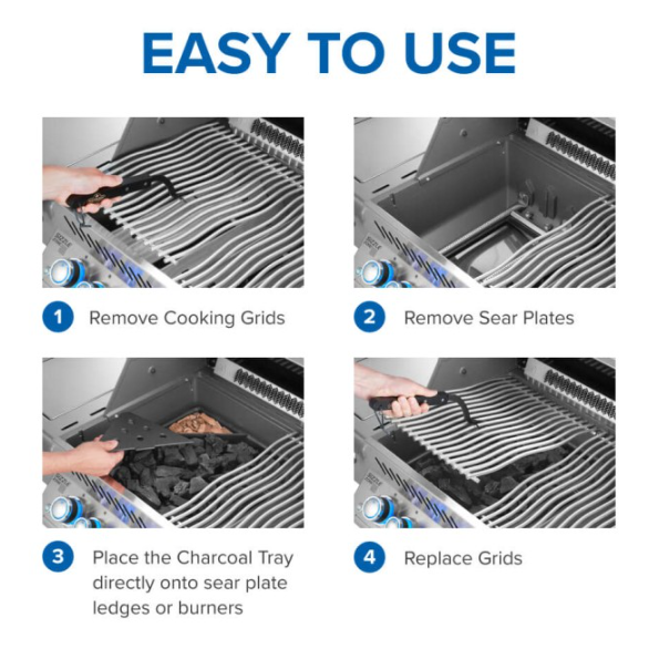 Step-by-step guide showing removal of cooking grids and sear plates, placing cast iron charcoal tray on burners, and replacing grill grids for outdoor cooking.