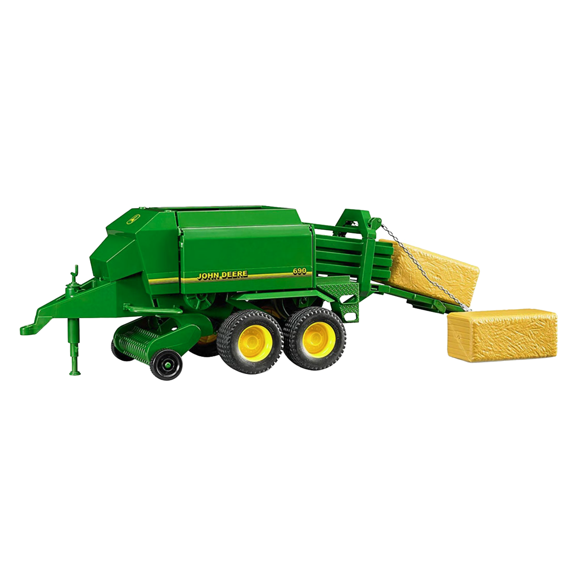 Green toy bale press with yellow wheels and detachable large yellow bales for farm play in Bruder Toys collection under $100
