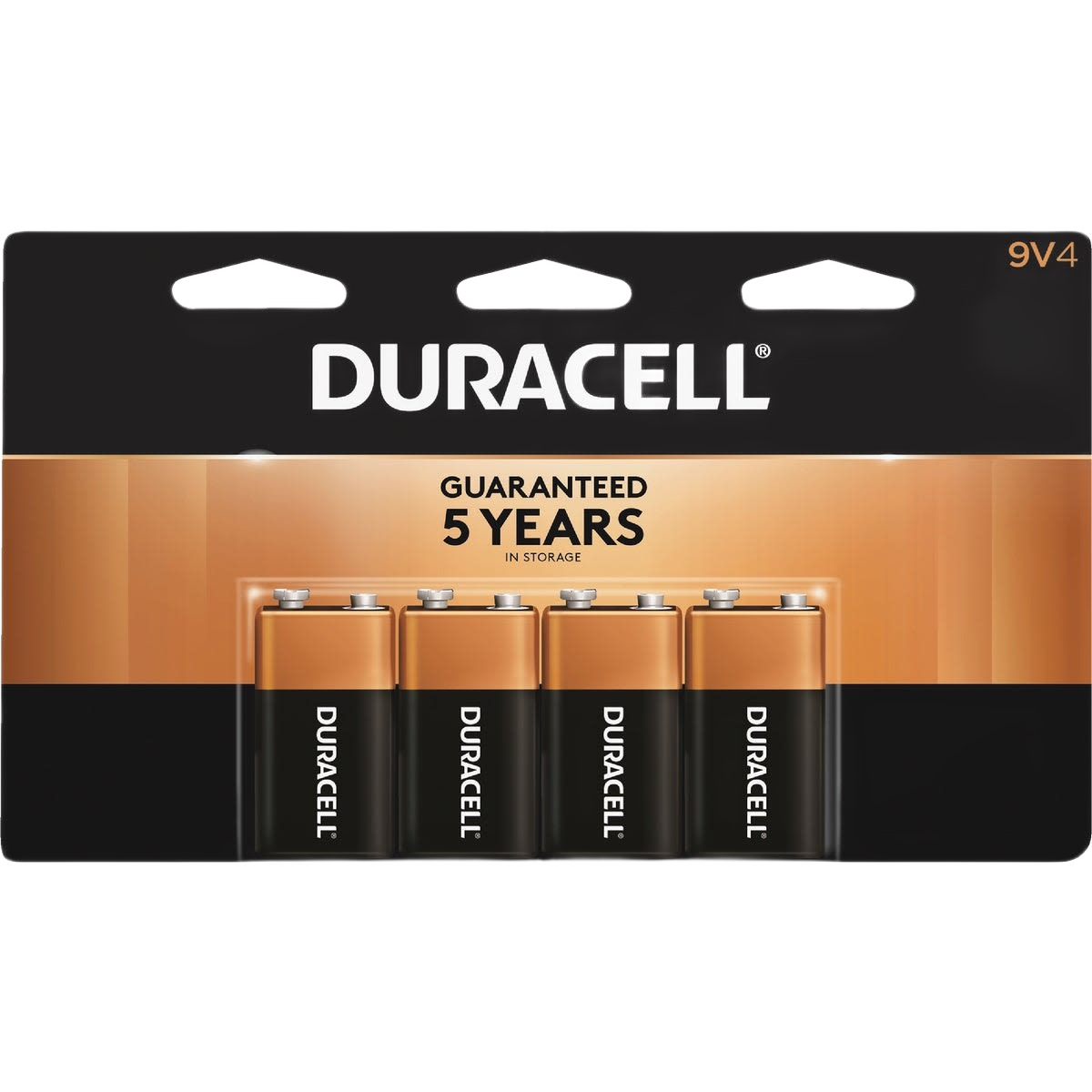 Pack of four Duracell 9V alkaline batteries with guaranteed 5-year storage life for tools and home improvement use