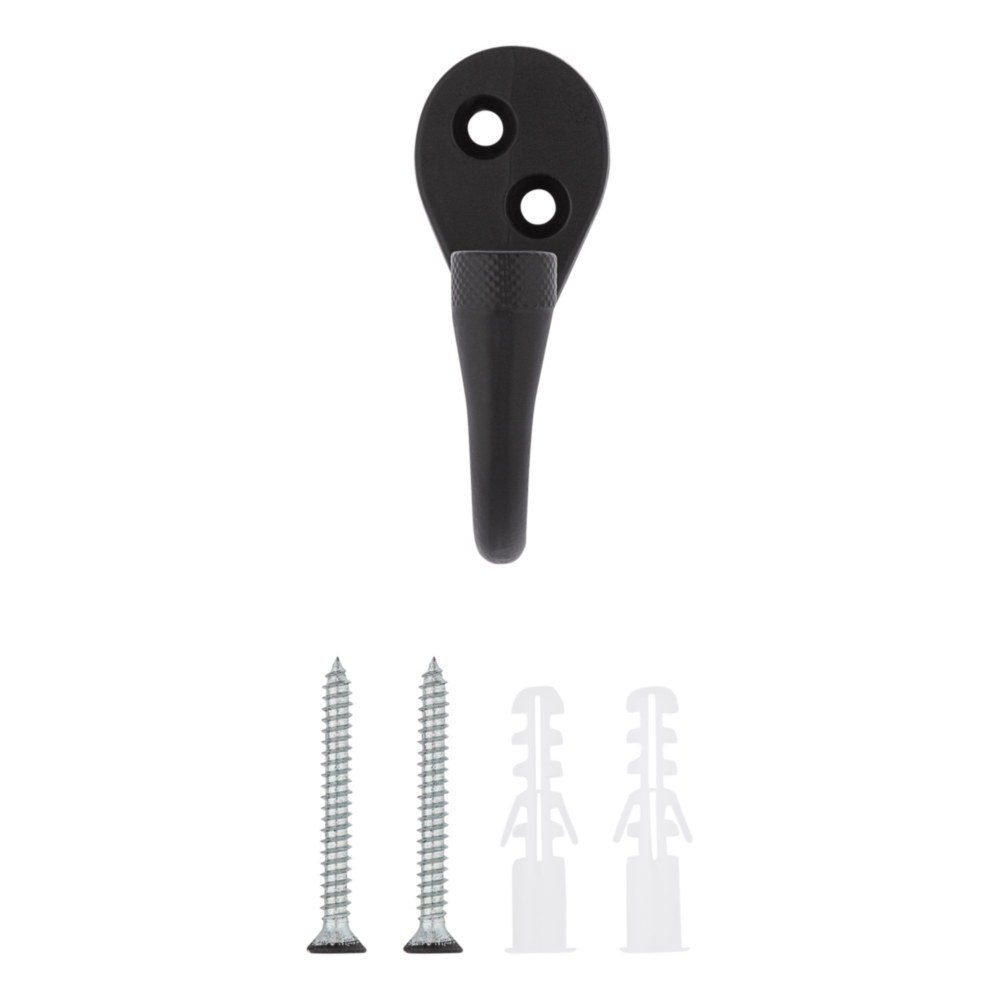 Matte black knurled hook with mounting screws and anchors for versatile storage and organization under $50 home improvement