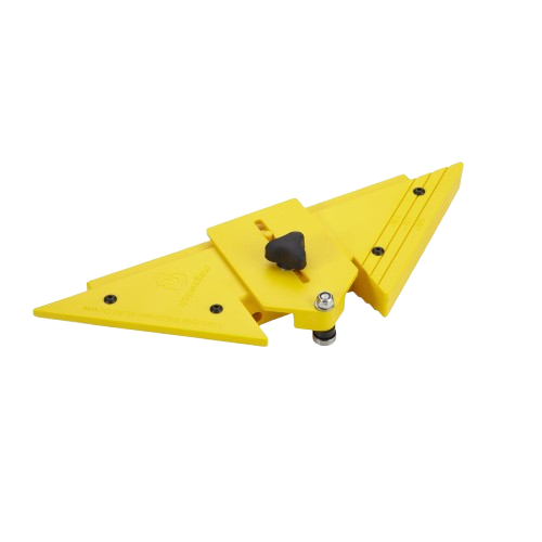 Yellow adjustable rip guide tool accessory with angled edges for saw blades in woodworking and home improvement projects