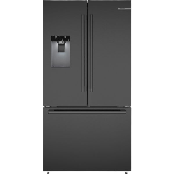 French door refrigerator in black stainless steel with bottom freezer drawer and built-in water dispenser for kitchens and appliances collections
