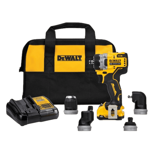Yellow and black cordless drill kit with five interchangeable attachments, battery charger, and carrying bag for home improvement tasks