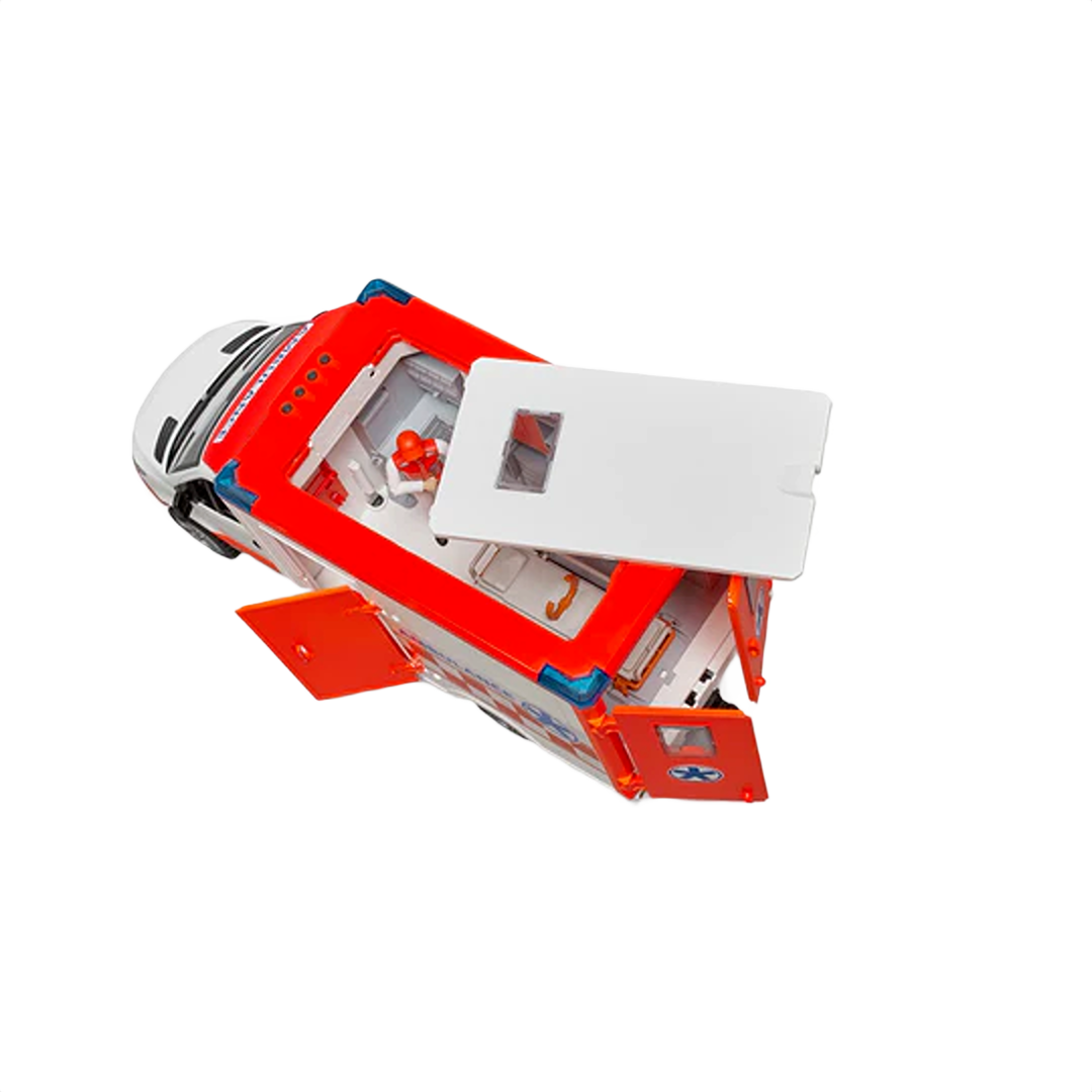 Red and white toy sprinter ambulance with open rear doors and detailed interior including driver figure for play
