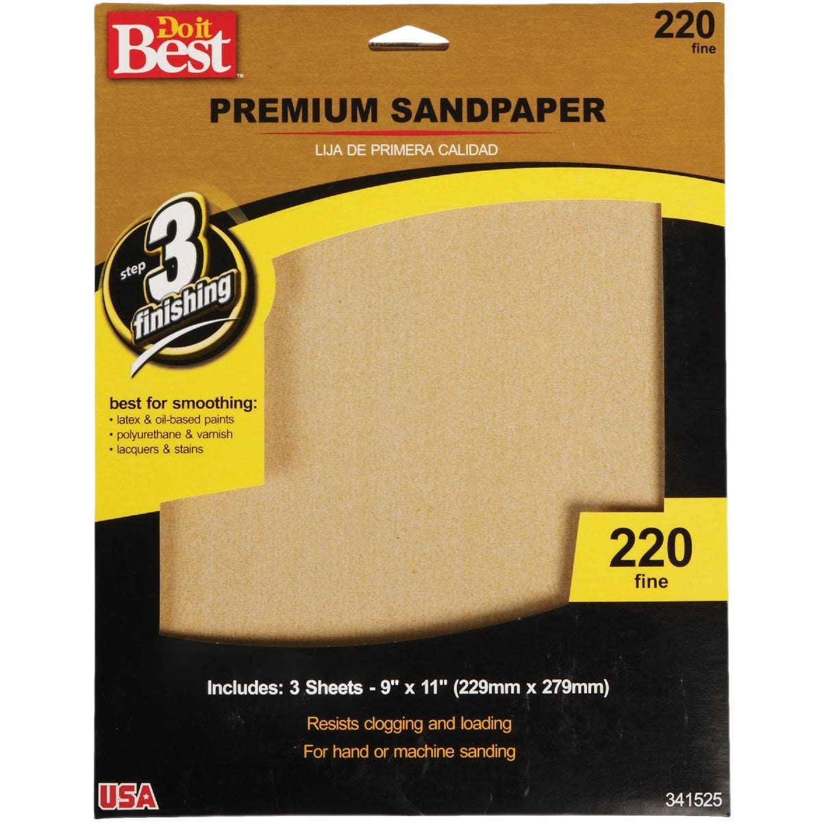 3-pack of fine 220-grit sandpaper sheets for smoothing paints, varnish, and stains in home improvement supplies