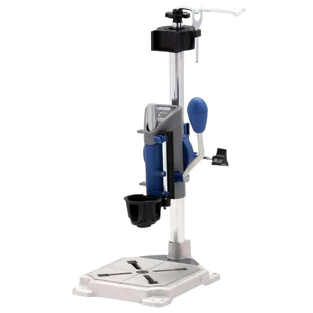 Stable metal drill press stand with adjustable clamp and ergonomic handles for precise tool support in home improvement projects