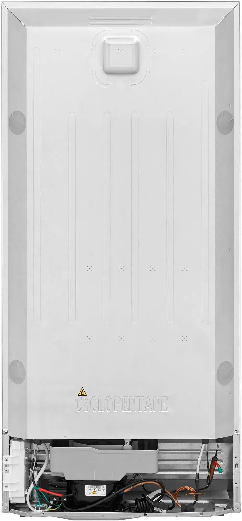 Back view of 14 Cu. Ft. top freezer refrigerator showing compressor and internal mechanical components for appliances collection
