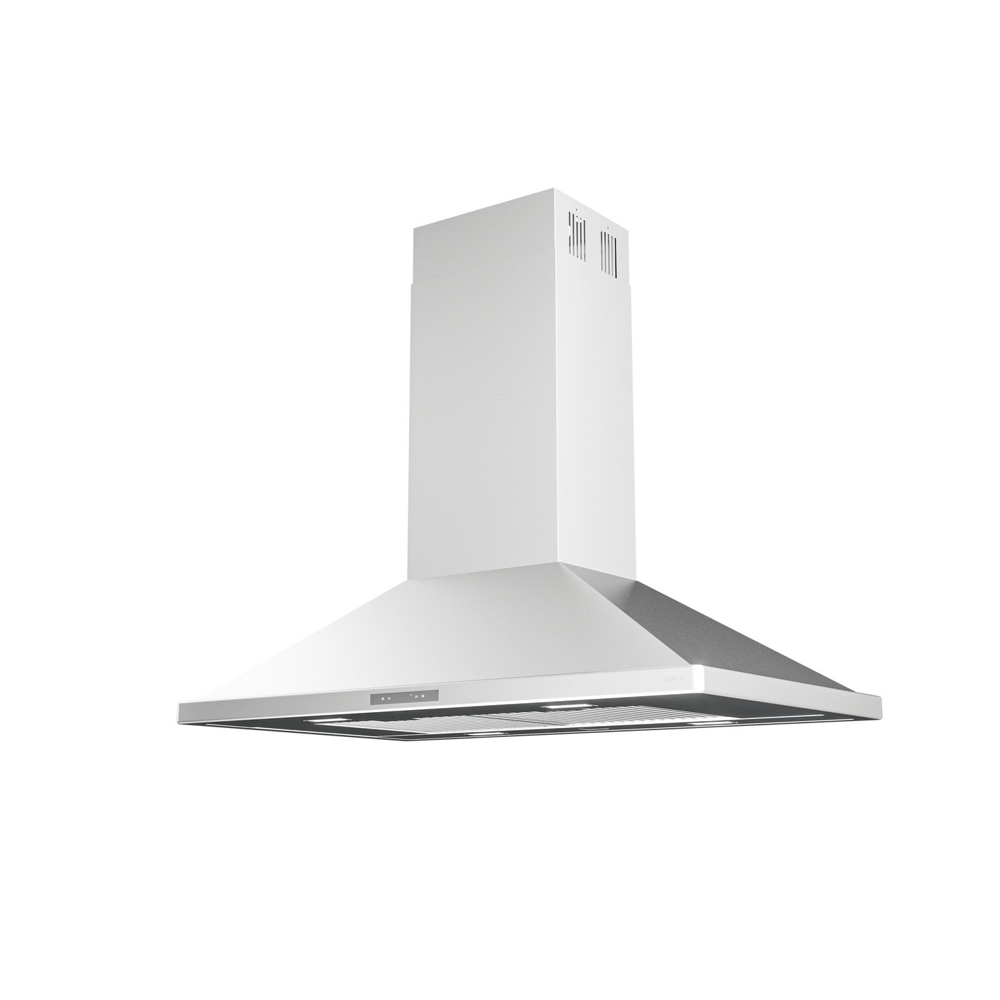 Modern stainless steel island range hood with digital controls and upward-angled design in kitchen and appliances collection