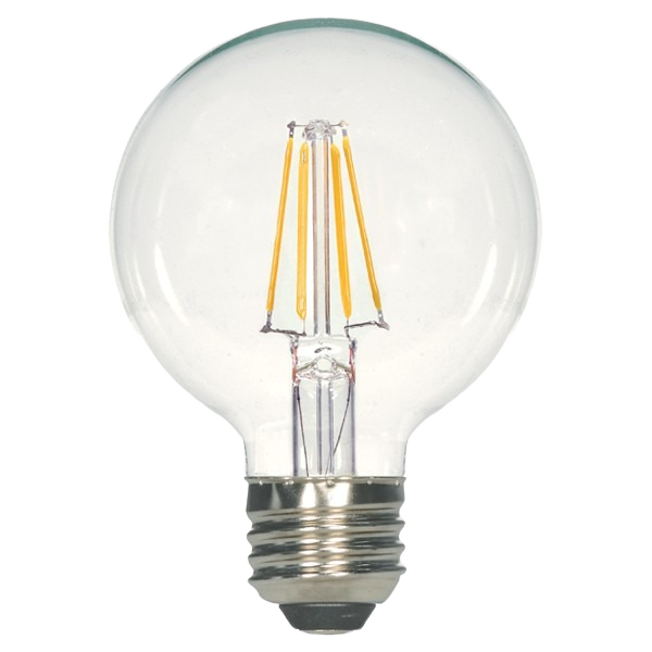 Clear globe LED light bulb with visible filament design and standard metal screw base for home lighting use