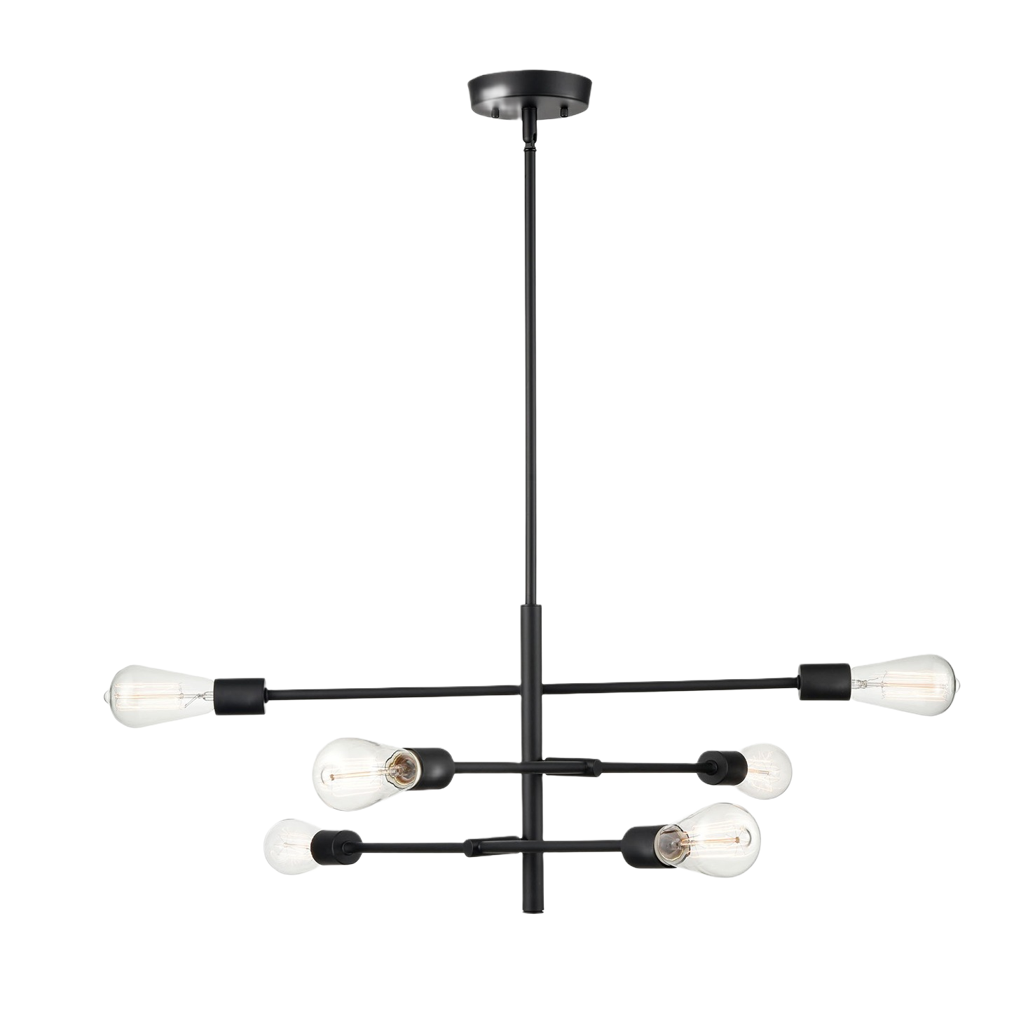 Matte black six-light pendant with asymmetric arms, ideal for pendant lighting and home improvement projects.