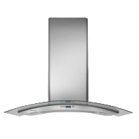 Wall-mounted stainless steel range hood with curved glass canopy, part of kitchen appliances and range hoods collections