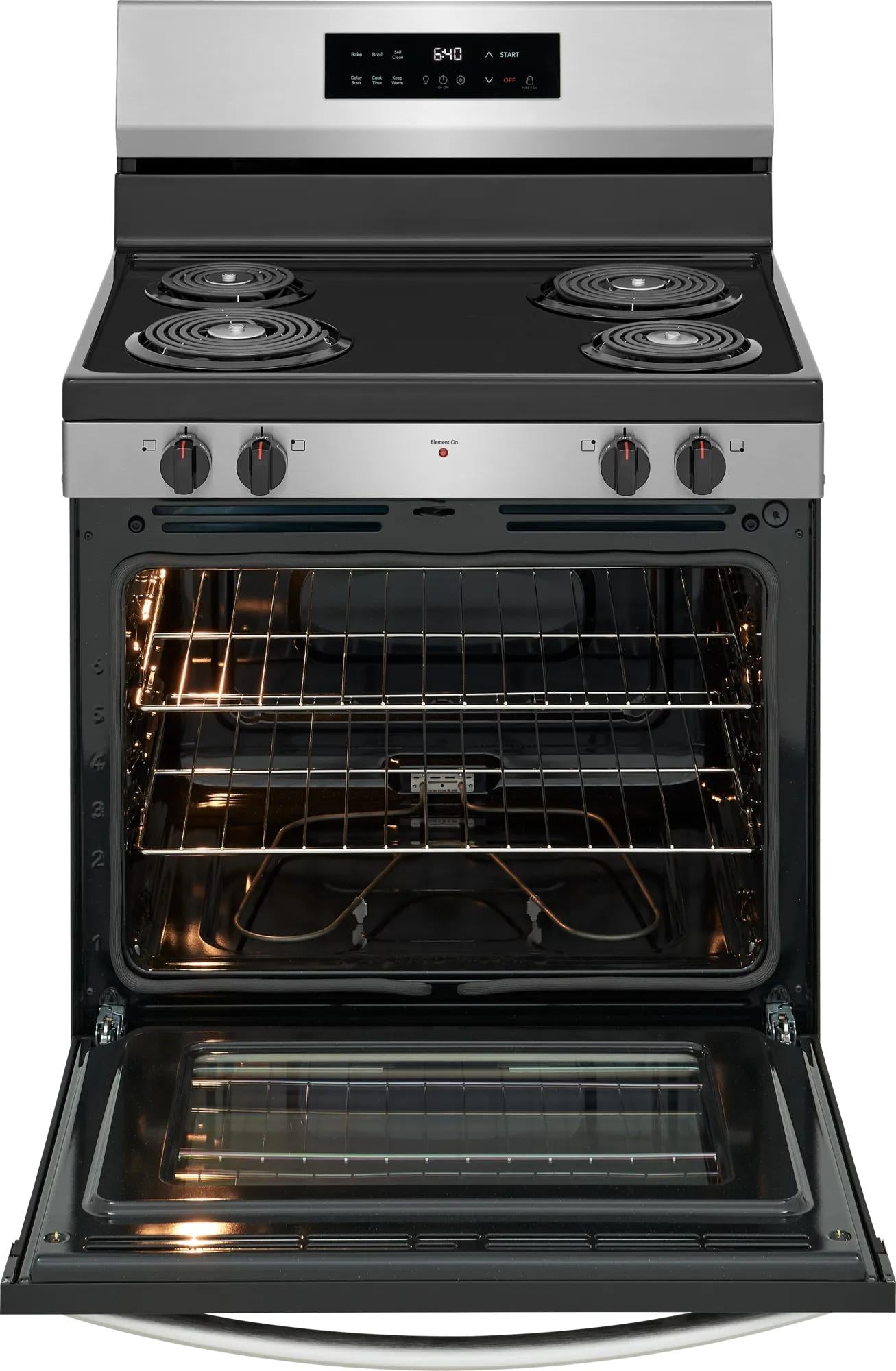 electric range with coil cooktop and large oven interior with racks in kitchen and appliances collection