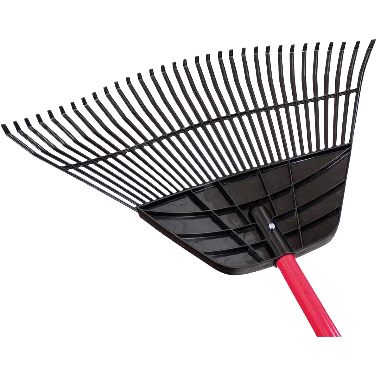 Wide black polypropylene leaf rake head with red fiberglass handle for garden and outdoor leaf collecting tools under $50 collections