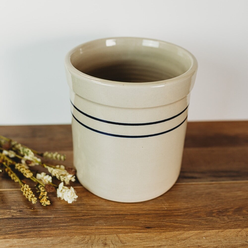 3/4 gallon stoneware crock with classic blue stripes on beige, ideal for kitchenware under $50 collection