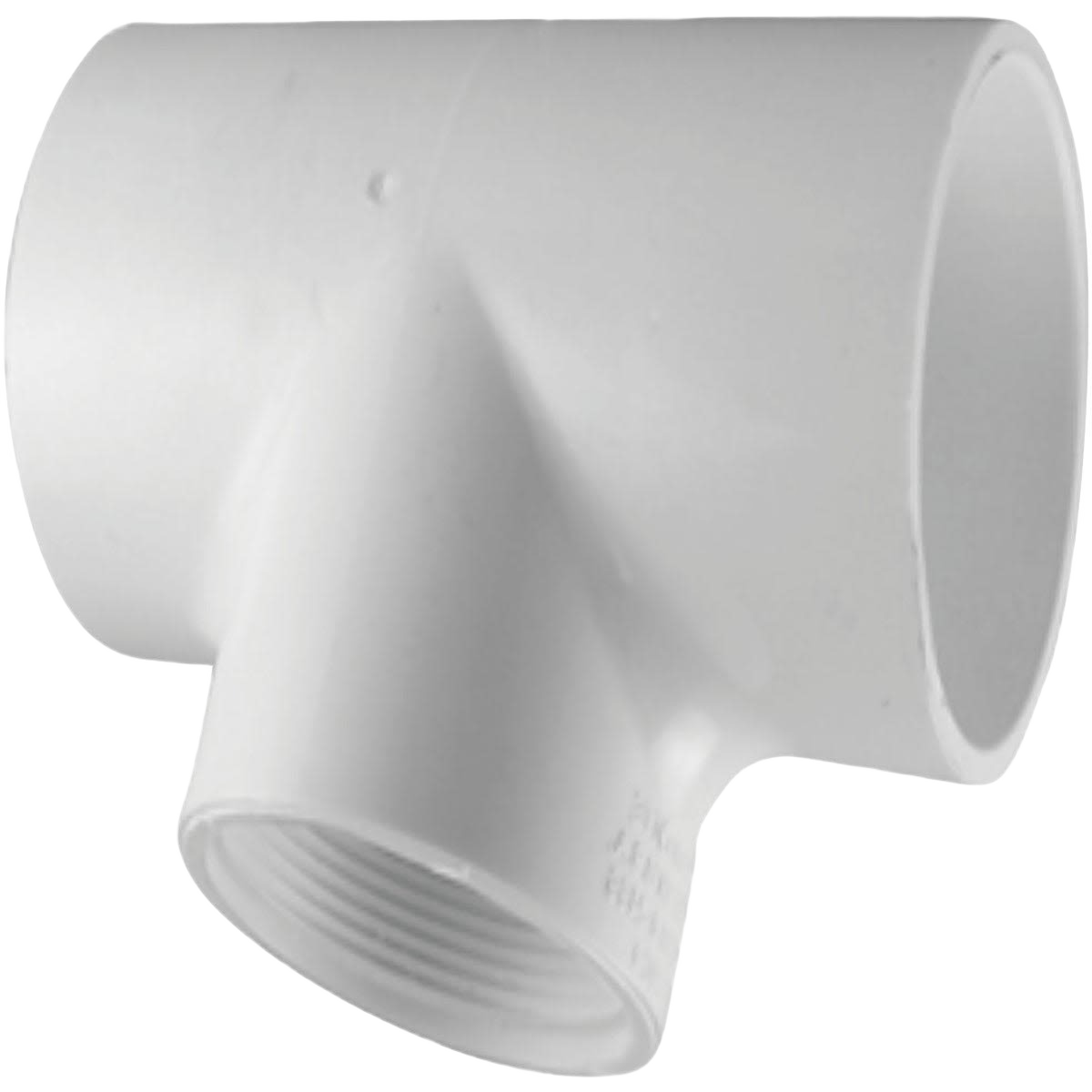 White PVC plumbing tee fitting with threaded female connection for pipes and fittings in home improvement collections