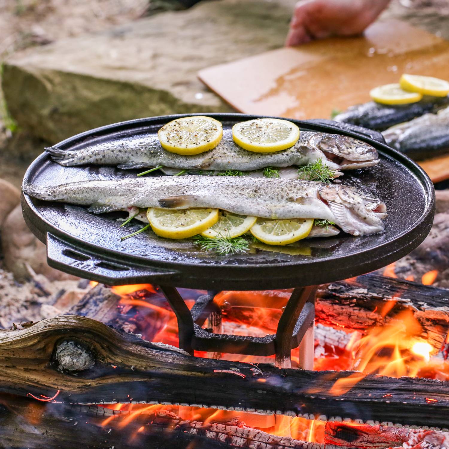 Whole fish with lemon slices cooking on cast iron pan over open campfire in outdoor kitchenware setting