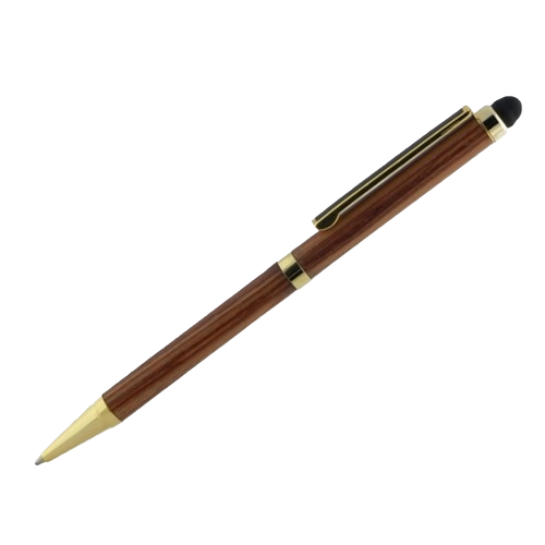 Slimline stylus and ballpoint pen with gold accents and wood-textured barrel in woodworking tool accessories collections