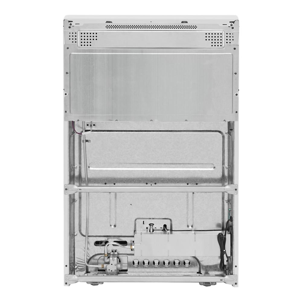 Rear view of freestanding gas range showing internal gas connections and metal paneling from kitchen appliance collection