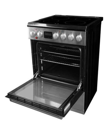 Open black and stainless steel electric range with smooth cooktop and visible oven racks from kitchen appliances collection
