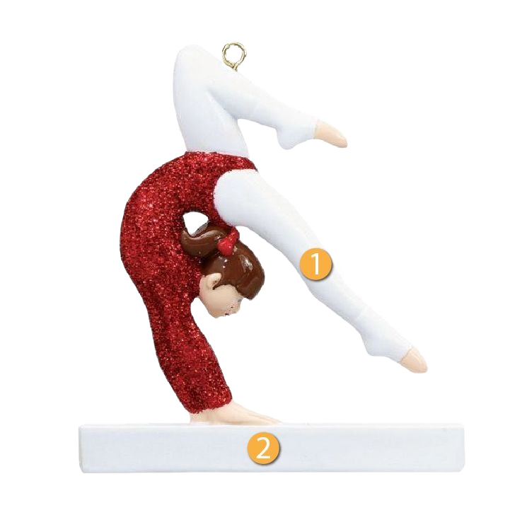 Brunette gymnast ornament in glittery red leotard performing on beam from Christmas Ornaments & Tree Decorations collection