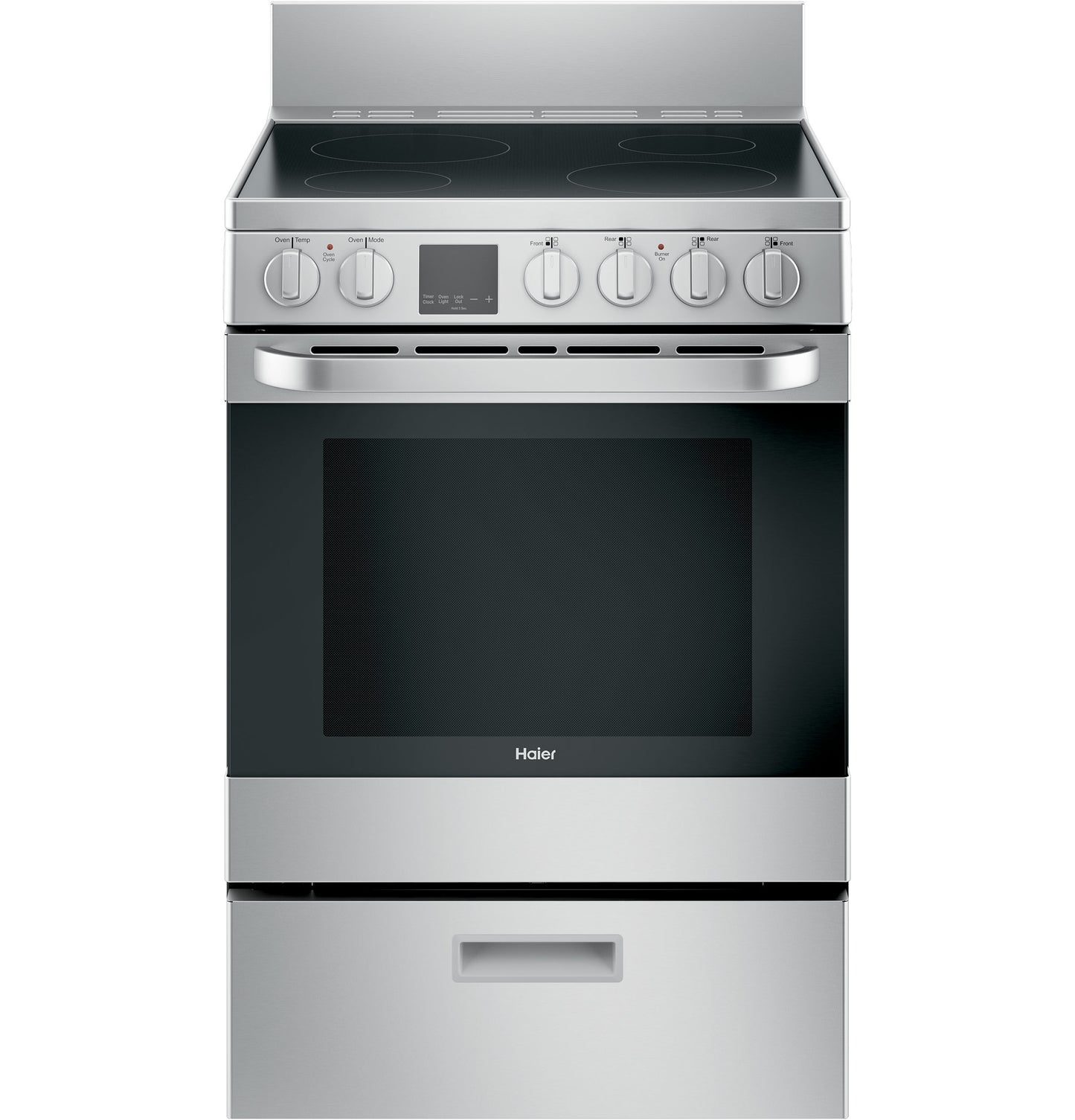 Stainless steel electric range with smooth cooktop, control knobs, digital display, and oven from kitchen appliances collection