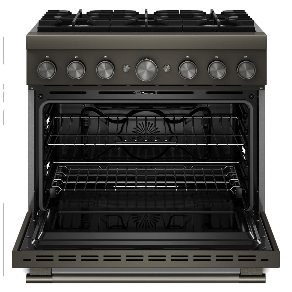 Open dark stainless steel dual fuel range with six burners and brushed stainless steel control knobs from KitchenAid Ranges collection