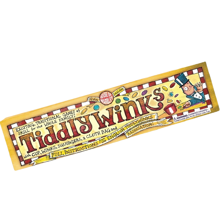 Vintage-style packaging for House of Marbles Tiddlywinks game featuring colorful illustrations and playful text
