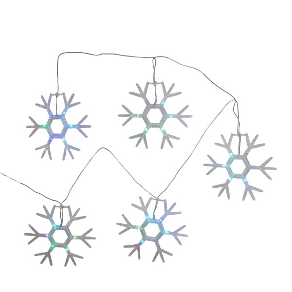 Snowflake-shaped string lights with multicolor red, green, and blue LED bulbs for Christmas decoration sets