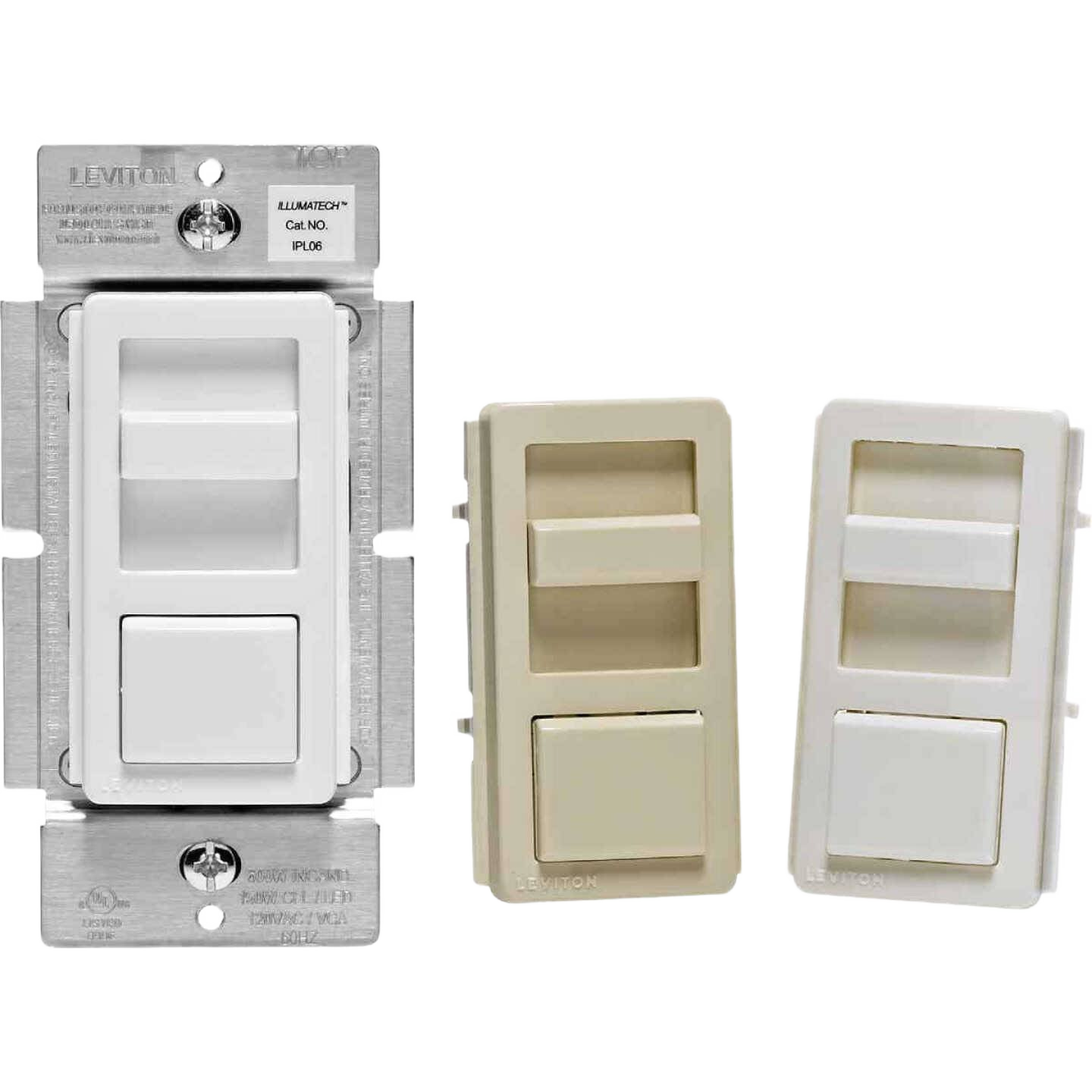 Set of three Leviton Decora style slide dimmer switches in white and ivory for home improvement projects and tools
