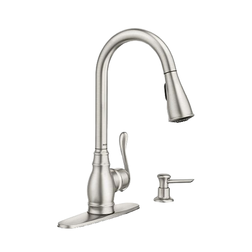 High arc stainless steel pull-down kitchen faucet with single handle and soap dispenser for modern kitchen sink setup