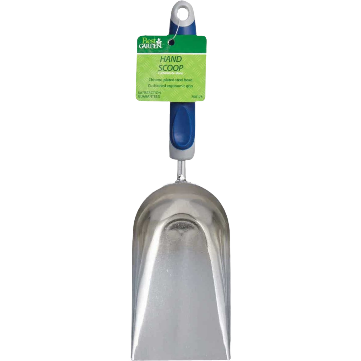Chrome-plated steel hand scoop with blue ergonomic poly handle for gardening and outdoor hand tools collections