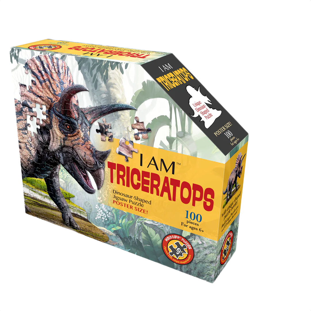 Boxed 100-piece dinosaur-shaped jigsaw puzzle featuring a detailed triceratops for educational and recreational use
