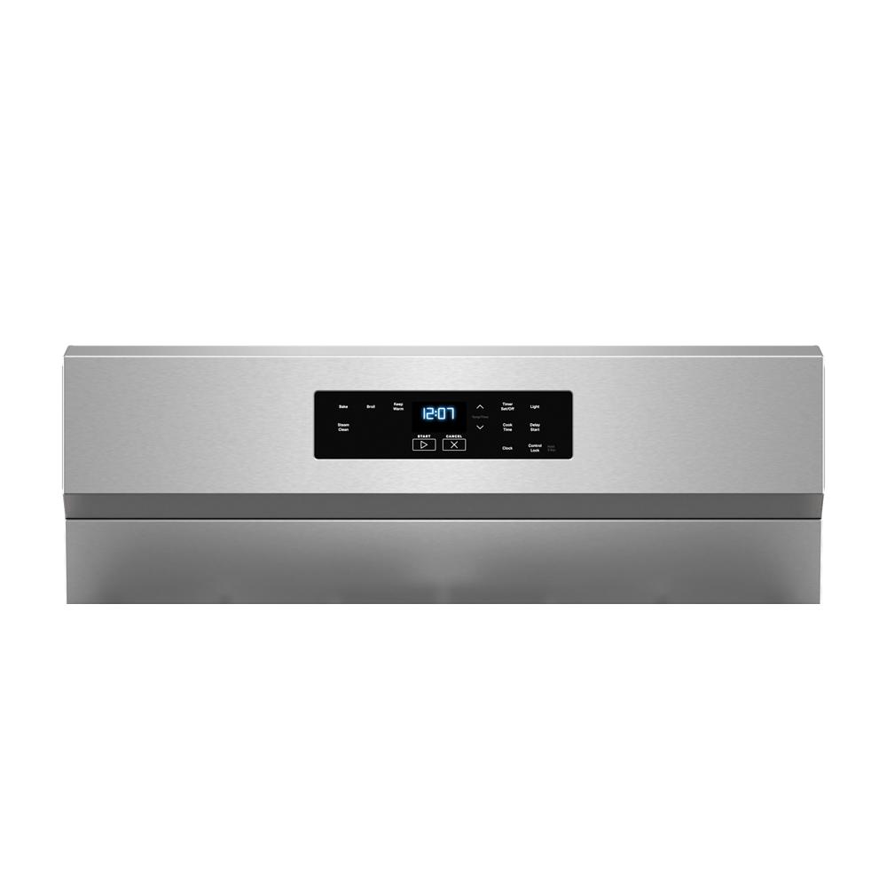 Digital control panel with touch buttons and blue LED display on stainless steel kitchen range backguard from appliances collection