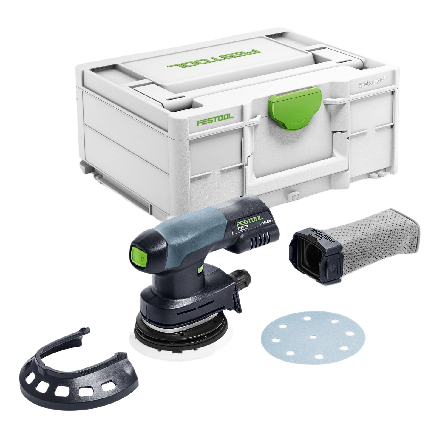 Compact cordless eccentric sander with accessories and a durable storage case for tools and home improvement projects