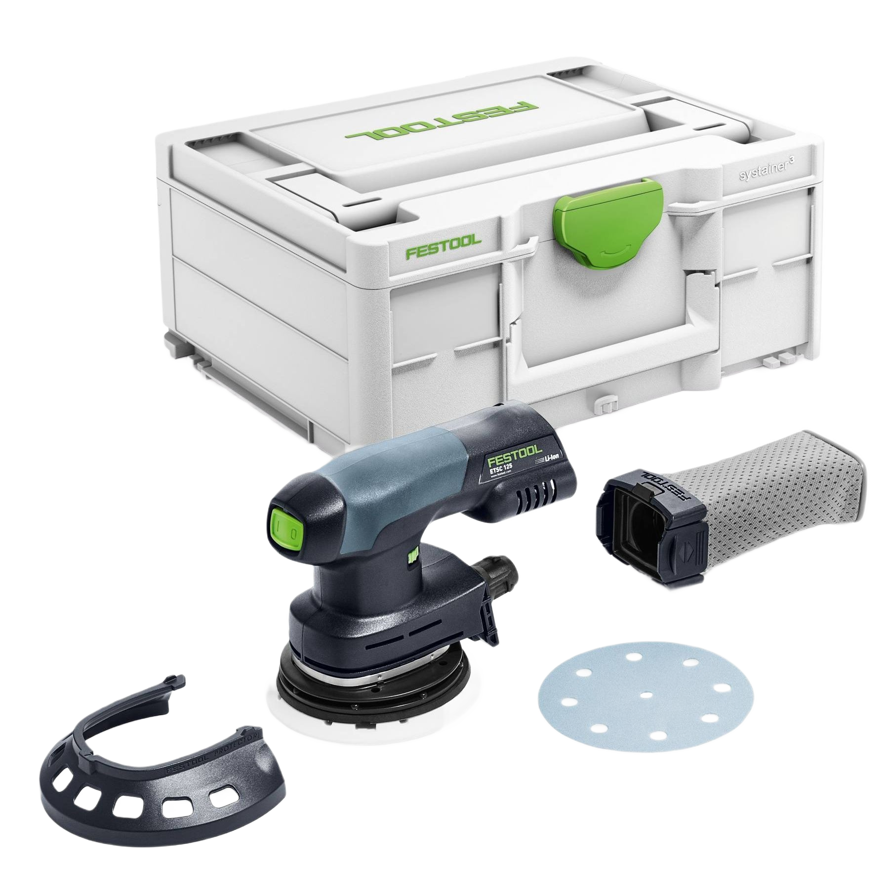 Compact cordless eccentric sander with accessories and a durable storage case for tools and home improvement projects