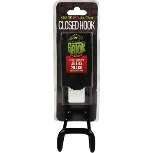 Black closed magnetic hook with strong grip designed to hold up to 45 pounds for tools and home improvement use