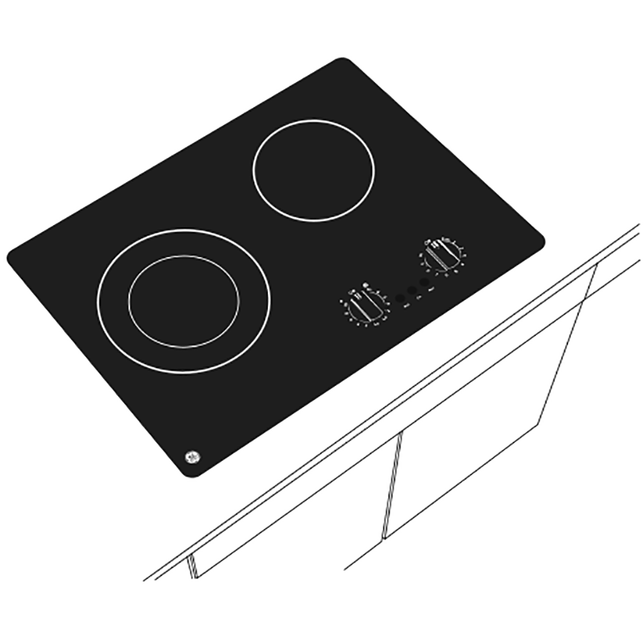 Black electric radiant cooktop with two burners and dual rotary control knobs installed in kitchen countertop