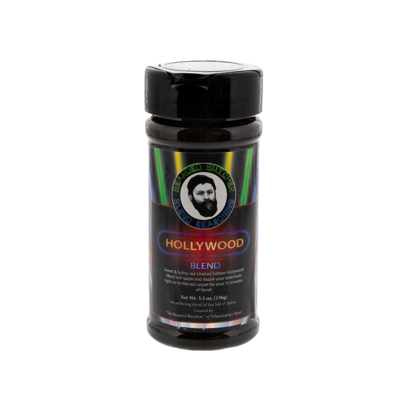 Plastic bottle of The Bearded Butchers Hollywood seasoning blend for grilling and BBQ sauces collection